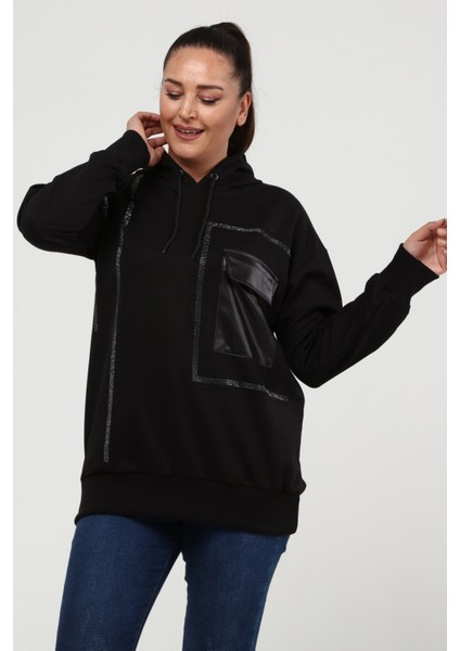 Kadın Büyük Beden Deri Cep Detaylı Taş Işlemeli Siyah Sweatshirt fiyatları