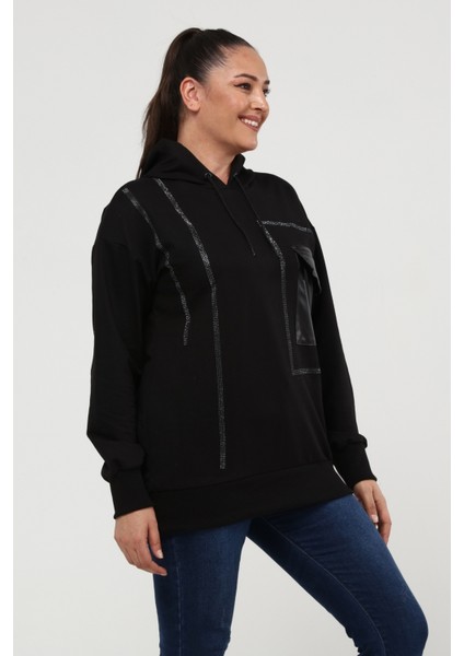 Kadın Büyük Beden Deri Cep Detaylı Taş Işlemeli Siyah Sweatshirt fırsatları