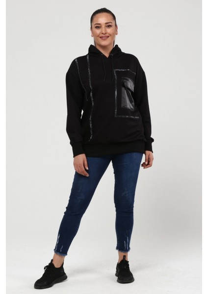 Kadın Büyük Beden Deri Cep Detaylı Taş Işlemeli Siyah Sweatshirt indirimleri