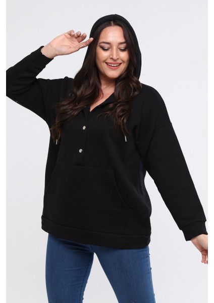 Kadın Büyük Beden Kanguru Cepli Basic Siyah Sweatshirt
