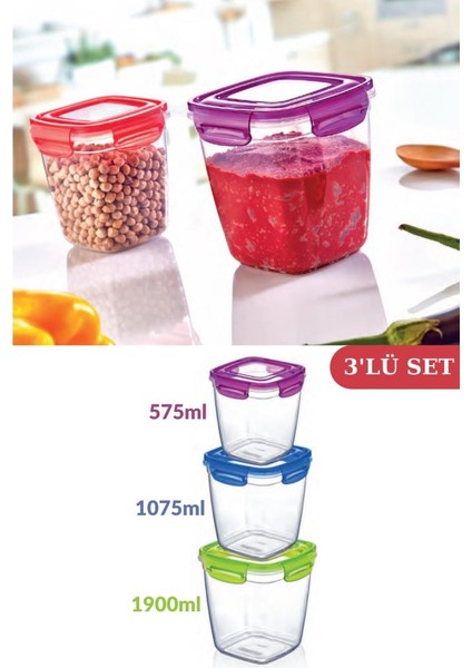 Kilitli Derin Kare Un Bakliyat Erzak Saklama Kabı 3’lü Set (575ML,1075ML,1900ML)