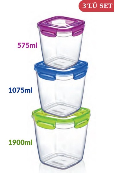 Kilitli Derin Kare Un Bakliyat Erzak Saklama Kabı 3’lü Set (575ML,1075ML,1900ML)
