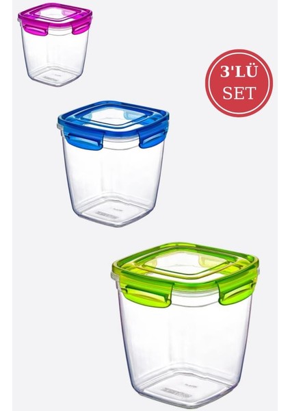 Kilitli Derin Kare Un Bakliyat Erzak Saklama Kabı 3’lü Set (575ML,1075ML,1900ML)