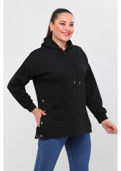 Kadın Büyük Beden Yanlar Çıt Çıt Kapamalı Basic Siyah Sweatshirt