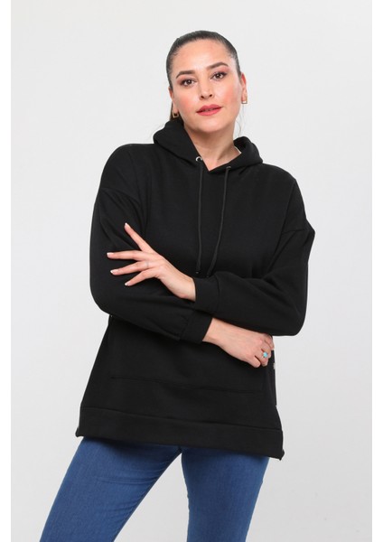 Kadın Büyük Beden Yanlar Çıt Çıt Kapamalı Basic Siyah Sweatshirt