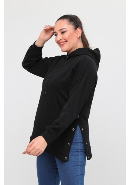 Kadın Büyük Beden Yanlar Çıt Çıt Kapamalı Basic Siyah Sweatshirt