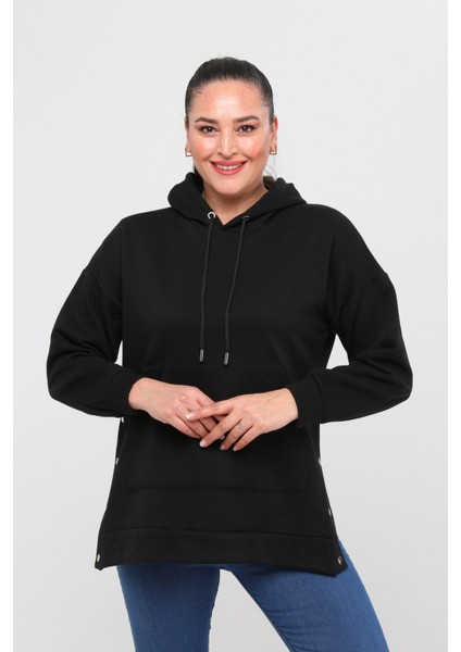 Kadın Büyük Beden Yanlar Çıt Çıt Kapamalı Basic Siyah Sweatshirt