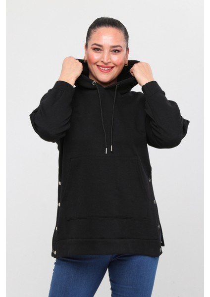 Kadın Büyük Beden Yanlar Çıt Çıt Kapamalı Basic Siyah Sweatshirt