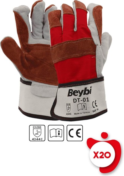 Dt-01 Kırmızı Deri Takviyeli İş Eldiveni 10 Beden 20 Çift