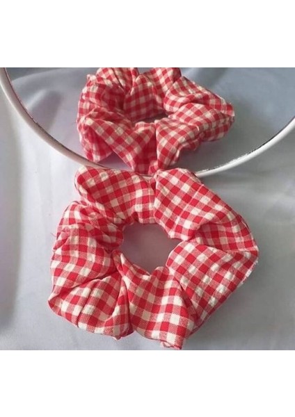 Pötikare Desenli 2'li Kırmızı Scrunchie - Ekose Lastik Toka