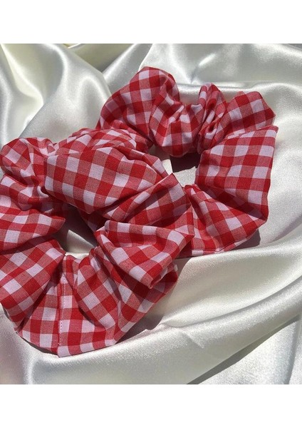 Pötikare Desenli 2'li Kırmızı Scrunchie - Ekose Lastik Toka