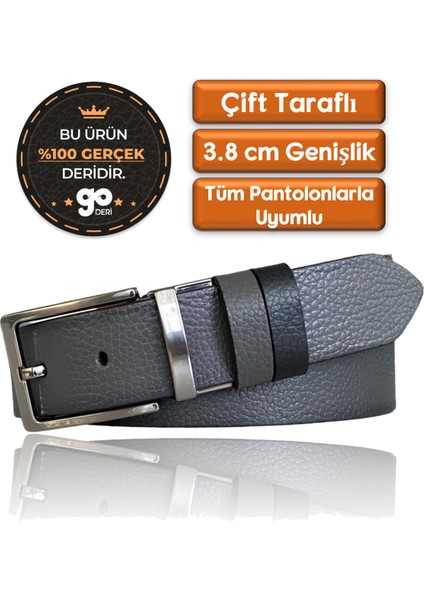 Goderi Deri Çift Taraflı 4 cm Kemer; Gri,siyah