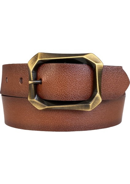 Deri, Efsane Gold Fırçalı Tokalı, Kahverengi Kadın Kot Kemeri 4 cm