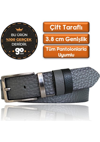 Goderi Deri Çift Taraflı Desenli 4 cm Kemer; Gri,siyah modelleri