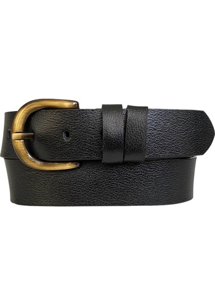 Deri, Efsane Gold Fırçalı Tokalı, Siyah Kadın Kot Kemeri 4 cm