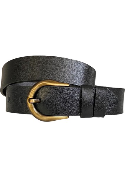 Deri, Efsane Gold Fırçalı Tokalı, Siyah Kadın Kot Kemeri 4 cm