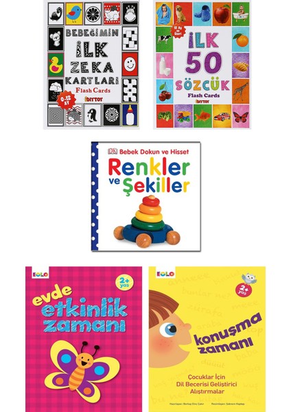 - Bebeğimin İlk Zeka Kartları + İlk 50 Sözcük + Renkler ve Şekiller + Evde Etkinlik Zamanı + Konuşma Zamanı – 5’li Bebek Gelişimi Etkinlik Seti