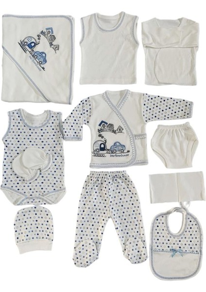 Bebe Arabalı Trenli 11 Parca Hastane Cıkışı Yeni Doğan Zıbın Set Mavi