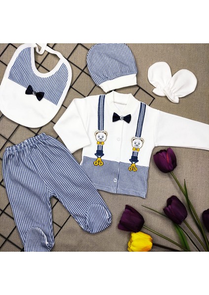Papyonlu Ayıcıklı 5 Parça Lüks Erkek Askı Detaylı Hastane Çıkışı Zıbın Set