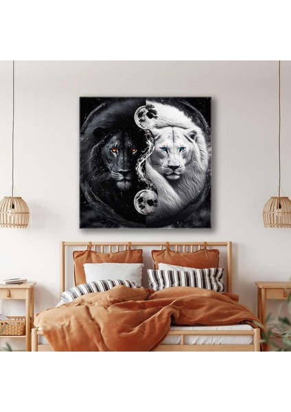 Ormanlar Kralı Aslan Zıtlık Ateş ve Su Doğa Denge Kanvas Tablo