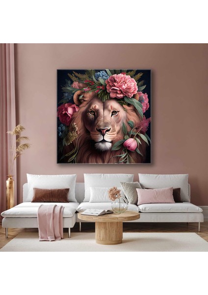 Başında Pembe Çiçekli Başlıklı Ormanlar Kralı Aslan Doğa Kanvas Tablo