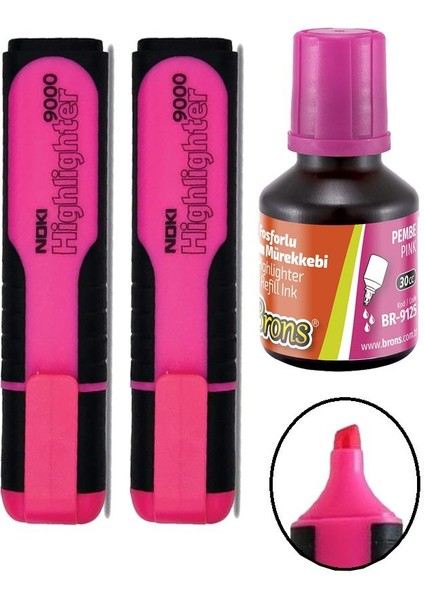 Fosforlu Işaret Kalemi Pembe Doldurulabilir 2 Adet ve Mürekkebi 30ML 1 Adet Fosforlu Neon Kalem