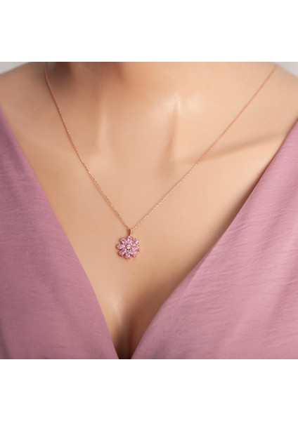 Pembe Zirkon Taşlı 925 Ayar Gümüş Kadın Çiçek Kolye