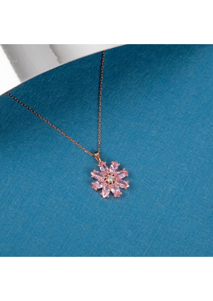Pembe Zirkon Taşlı 925 Ayar Gümüş Kadın Çiçek Kolye
