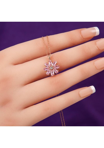 Pembe Zirkon Taşlı 925 Ayar Gümüş Kadın Çiçek Kolye