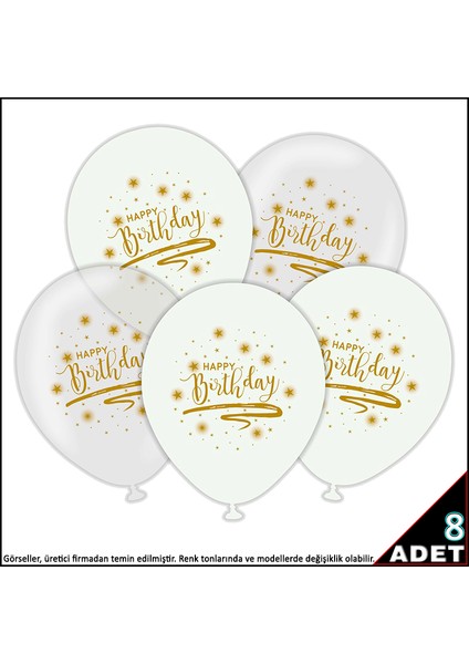 Happy Birthday Baskılı Beyaz ve Şeffaf, 30CM Balon - 8 Adet