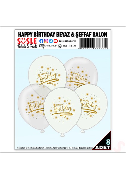 Happy Birthday Baskılı Beyaz ve Şeffaf, 30CM Balon - 8 Adet modelleri