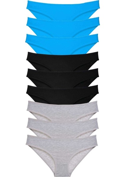 9 adet Süper Eko Set Likralı Kadın Slip Külot Siyah Gri Mavi