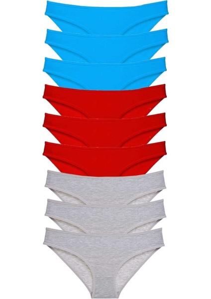 9 adet Süper Eko Set Likralı Kadın Slip Külot Kırmızı Gri Mavi
