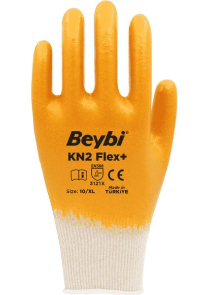 Kn2 Flex Plus Sarı Pamuk Nitril İş Eldiveni 10 Beden 12 Çift