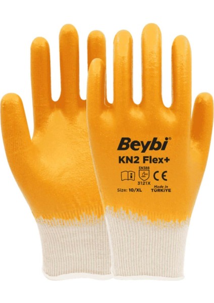 Kn2 Flex Plus Sarı Pamuk Nitril İş Eldiveni 10 Beden 12 Çift