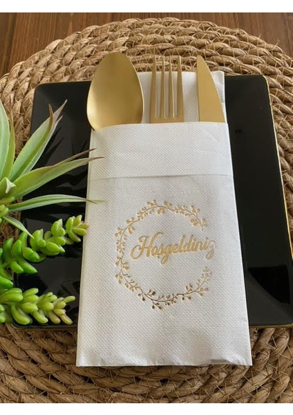 Gold Yaldızlı Beyaz Hoşgeldiniz Cepli Peçete 12 Li