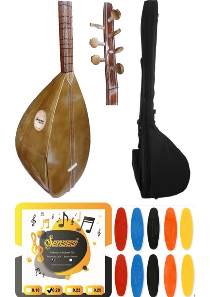Şenses Müzik 41 Tekne Yaprak Kestane Cihaz Girişli Profesyonel Uzun Sap Bağlama - Petli Kılıf - Tel - Tezene 4'lü Set