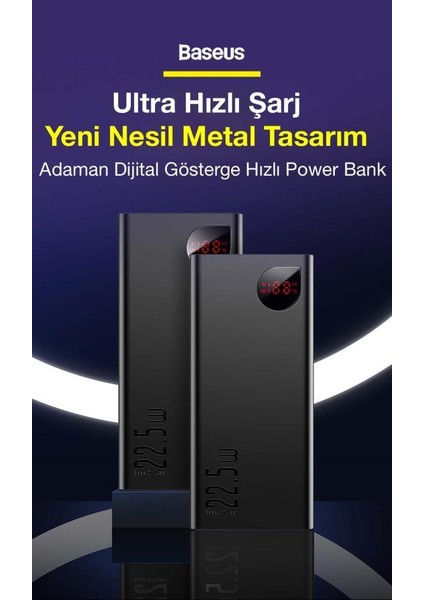 22.5W 20000MAH Ultra Hızlı Taşınabilir Powerbank, Dijital LED Göstergeli,metal Kasa Powerbank