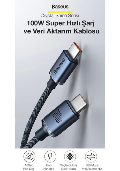 2 Metre 100W Super Hızlı Type C To Type C Şarj ve Data Kablosu, Güçlendirilmiş Halat Kablo