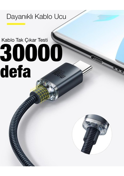 2 Metre 100W Super Hızlı Type C To Type C Şarj ve Data Kablosu, Güçlendirilmiş Halat Kablo