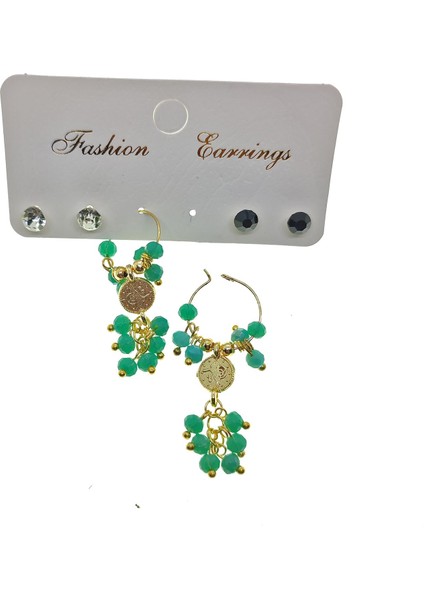 Fashion Earrings Altın Renk Turkuaz Boncuk Şık Sallantılı El Işi Kombin Küpe - 2229