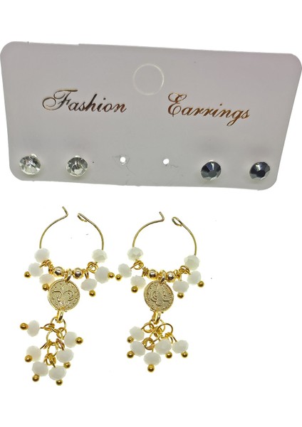 Fashion Earrings Altın Renk Beyaz Boncuk Şık Sallantılı El Işi Kombin Küpe - 2228