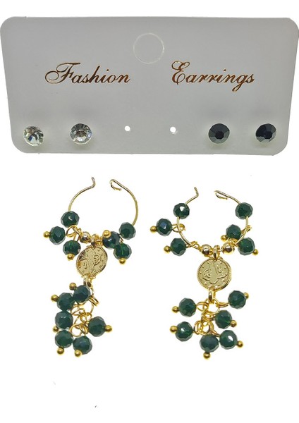 Fashion Earrings Altın Renk Yeşil Boncuk Şık Sallantılı El Işi Kombin Küpe - 2226
