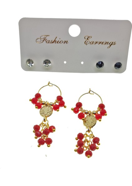 Fashion Earrings Altın Renk Kırmızı Boncuk Şık Sallantılı El Işi Kombin Küpe - 2225