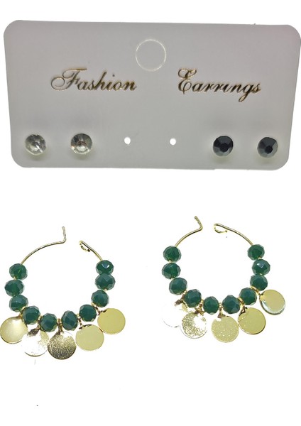 Fashion Earrings Altın Renk Yeşil Boncuk Yuvarlak Pullu Şık Sallantılı El Işi Kombin Küpe - 2224