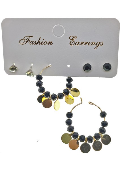 Fashion Earrings Altın Renk Siyah Boncuk Yuvarlak Pullu Şık Sallantılı El Işi Kombin Küpe - 2221