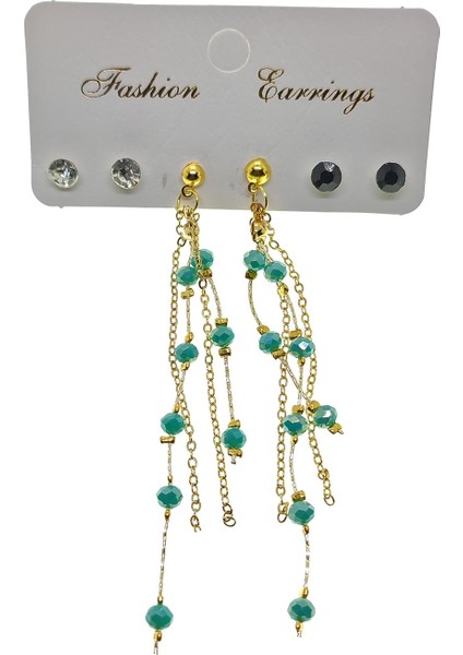 Fashion Earrings Altın Renk Turkuaz Boncuk Salkım Şık Sallantılı El Işi Kombin Küpe - 2213