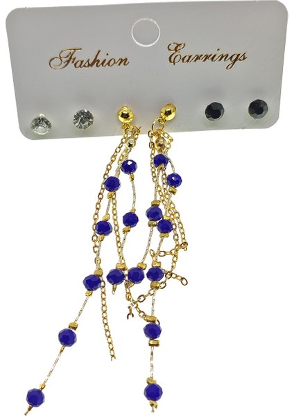 Fashion Earrings Altın Renk Mavi Boncuk Salkım Şık Sallantılı El Işi Kombin Küpe - 2215