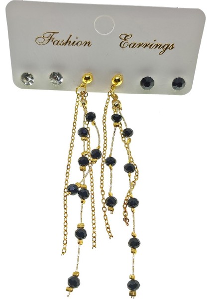 Fashion Earrings Altın Renk Siyah Boncuk Salkım Şık Sallantılı El Işi Kombin Küpe - 2216