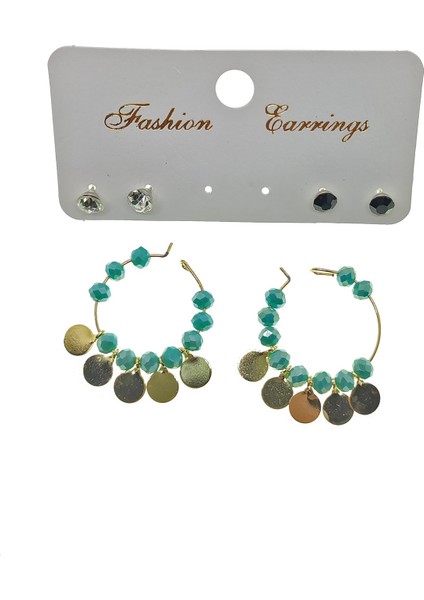 Fashion Earrings Altın Renk Turkuaz Boncuk Yuvarlak Pullu Şık Sallantılı El Işi Kombin Küpe - 2219